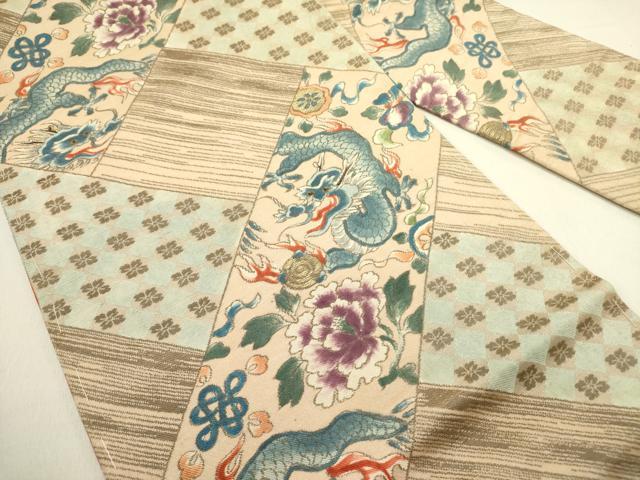 平和屋着物●アンティーク　大正ロマン　九寸名古屋帯　龍　牡丹　金糸　正絹　逸品　DABE1816op
