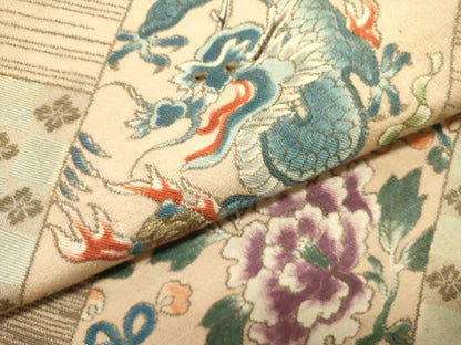 平和屋着物●アンティーク　大正ロマン　九寸名古屋帯　龍　牡丹　金糸　正絹　逸品　DABE1816op