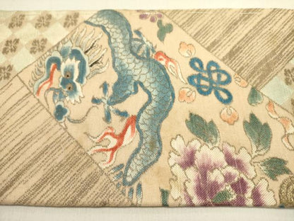平和屋着物●アンティーク　大正ロマン　九寸名古屋帯　龍　牡丹　金糸　正絹　逸品　DABE1816op