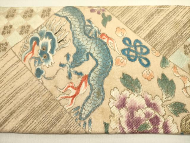 平和屋着物●アンティーク　大正ロマン　九寸名古屋帯　龍　牡丹　金糸　正絹　逸品　DABE1816op