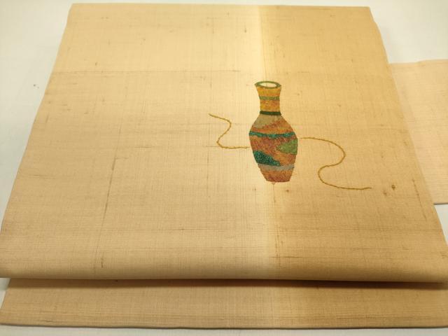 平和屋着物●九寸名古屋帯　紬地　刺繍　陶器文　正絹　逸品　DABE1818op