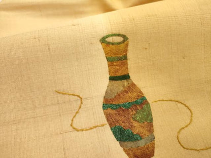平和屋着物●九寸名古屋帯　紬地　刺繍　陶器文　正絹　逸品　DABE1818op