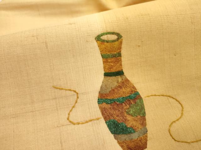平和屋着物●九寸名古屋帯　紬地　刺繍　陶器文　正絹　逸品　DABE1818op