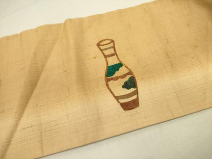 平和屋着物●九寸名古屋帯　紬地　刺繍　陶器文　正絹　逸品　DABE1818op
