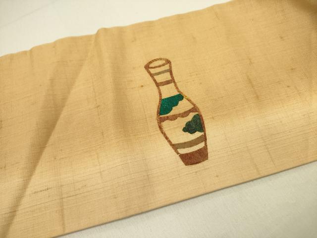 平和屋着物●九寸名古屋帯　紬地　刺繍　陶器文　正絹　逸品　DABE1818op