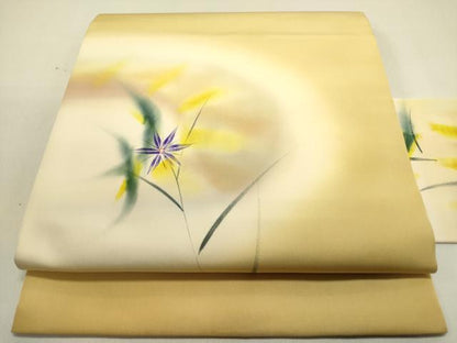 平和屋着物●虹色創家　本郷大田子　塩瀬　九寸名古屋帯　手描き　草花　正絹　逸品　DABE1819op