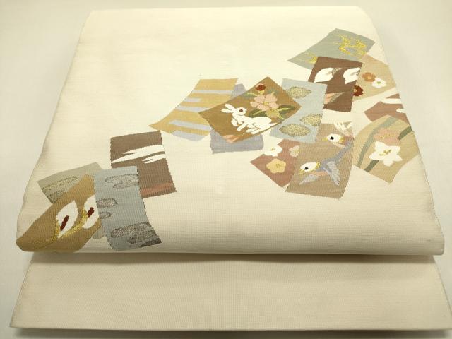 平和屋着物●爪掻き本綴れ　八寸名古屋帯　兎　ウサギ　花鳥文　金銀糸　正絹　逸品　DABE1820op