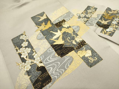 平和屋着物●九寸名古屋帯　飛鶴枝梅文　金銀彩　正絹　逸品　DABE1821op