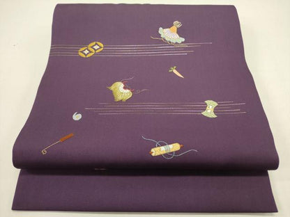 平和屋着物●塩瀬　九寸開き名古屋帯　総刺繍　成り物　器物文様　金糸　正絹　逸品　DABE1824op