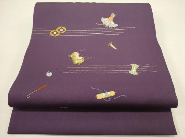 平和屋着物●塩瀬　九寸開き名古屋帯　総刺繍　成り物　器物文様　金糸　正絹　逸品　DABE1824op