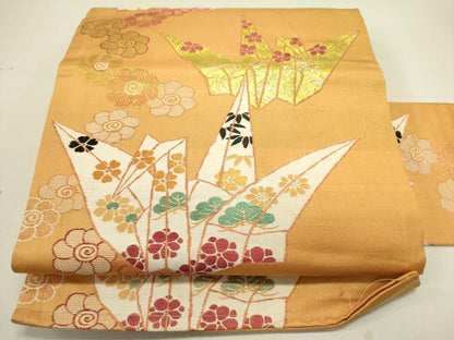 平和屋着物●アンティーク　大正ロマン　九寸名古屋帯　折鶴花文　金糸　正絹　逸品　DABE1825op