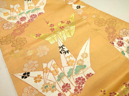 平和屋着物●アンティーク　大正ロマン　九寸名古屋帯　折鶴花文　金糸　正絹　逸品　DABE1825op