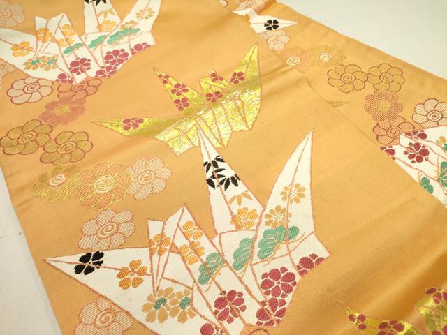 平和屋着物●アンティーク　大正ロマン　九寸名古屋帯　折鶴花文　金糸　正絹　逸品　DABE1825op