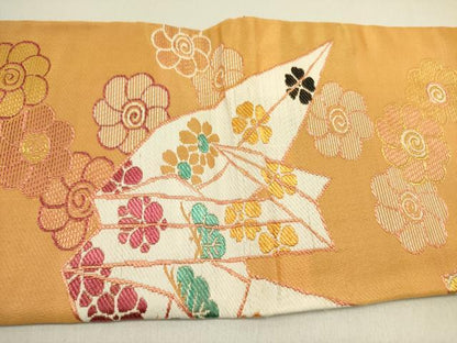 平和屋着物●アンティーク　大正ロマン　九寸名古屋帯　折鶴花文　金糸　正絹　逸品　DABE1825op