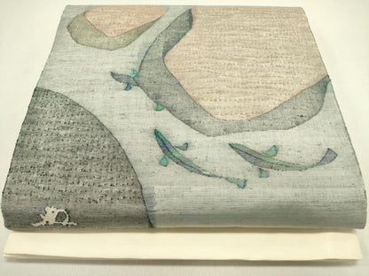 平和屋着物●絲藝苑　上島洋山　太鼓柄袋帯　魚　正絹　逸品　DABE1828op