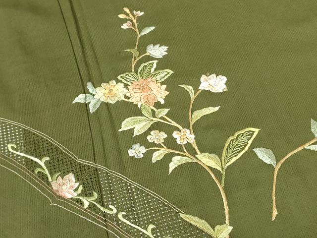 平和屋着物＊夏物　中国三大刺繍　スワトウ刺繍　汕頭刺繍　総刺繍　訪問着　紗　草花　金糸　正絹　逸品　DABE1835op