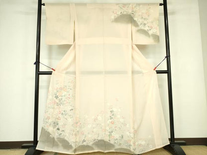 平和屋着物＊夏物 訪問着 絽 草花 暈し染め 銀彩 正絹 逸品 DABE1843op