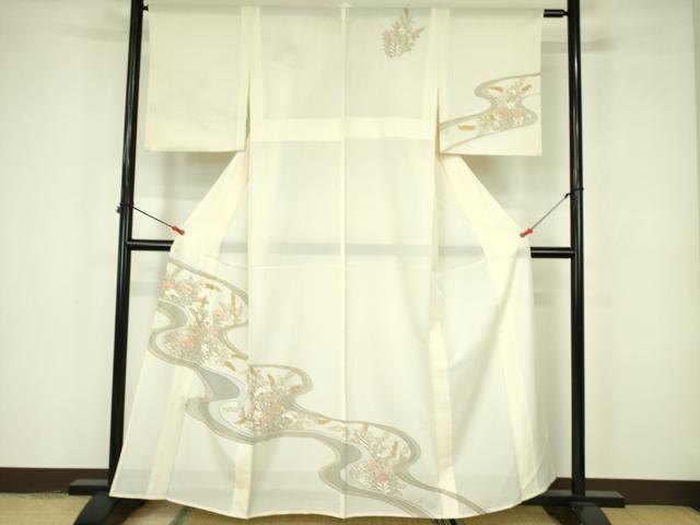 平和屋着物＊夏物 訪問着 絽 駒刺繍 流水草花文 金彩 正絹 逸品 DABE1853op