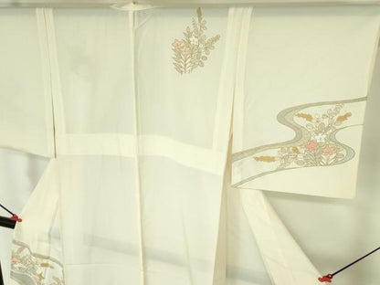 平和屋着物＊夏物 訪問着 絽 駒刺繍 流水草花文 金彩 正絹 逸品 DABE1853op