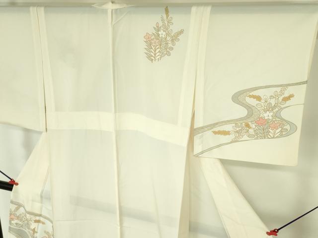平和屋着物＊夏物 訪問着 絽 駒刺繍 流水草花文 金彩 正絹 逸品 DABE1853op