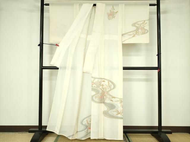 平和屋着物＊夏物 訪問着 絽 駒刺繍 流水草花文 金彩 正絹 逸品 DABE1853op