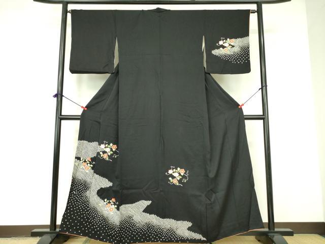 平和屋着物■訪問着 駒刺繍 総刺繍 絞り 花唐草文 黒地 正絹 逸品 DABE1859op