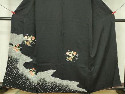 平和屋着物■訪問着 駒刺繍 総刺繍 絞り 花唐草文 黒地 正絹 逸品 DABE1859op