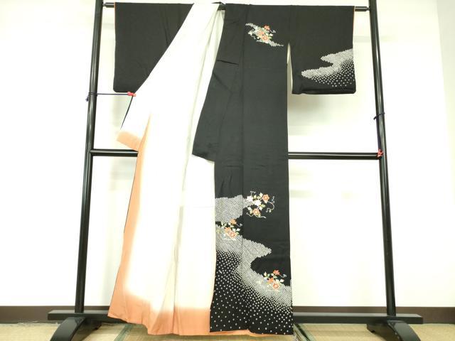 平和屋着物■訪問着 駒刺繍 総刺繍 絞り 花唐草文 黒地 正絹 逸品 DABE1859op