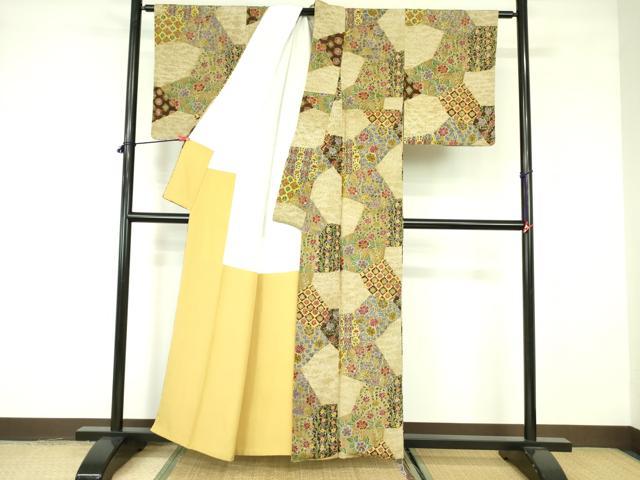 平和屋着物■上質な小紋 更紗草花文 金彩 鬼しぼ縮緬 正絹 逸品 DABE1861op