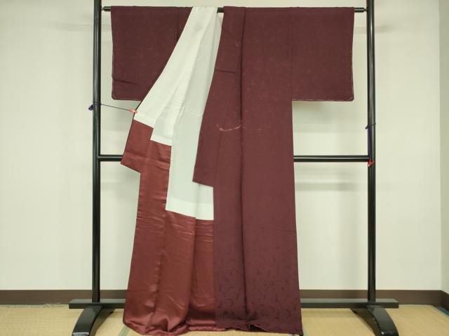 平和屋着物▼上質な色無地 花唐草地紋 葡萄色 正絹 逸品 DABE1930op