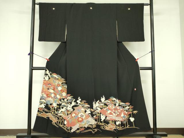 平和屋着物■豪華黒留袖　作家物　鴛鴦飛鶴花文　金彩　正絹　逸品　DABE1963op