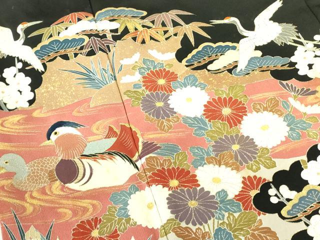 平和屋着物■豪華黒留袖　作家物　鴛鴦飛鶴花文　金彩　正絹　逸品　DABE1963op