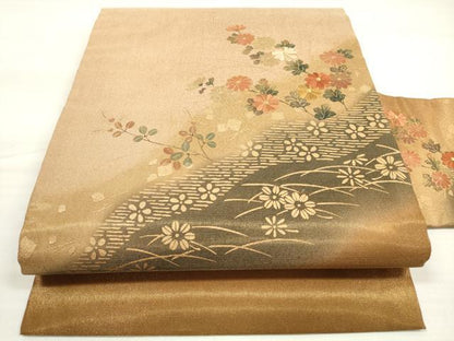 平和屋着物◎九寸名古屋帯 刺繍 草花文 金糸 金彩 正絹 逸品 DABE2001xg
