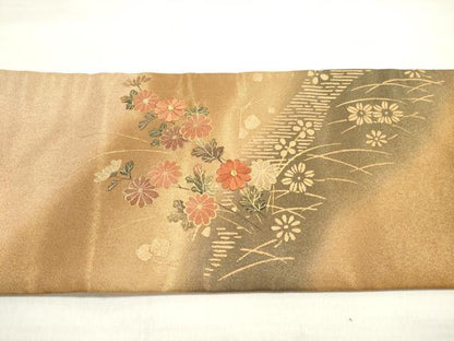 平和屋着物◎九寸名古屋帯 刺繍 草花文 金糸 金彩 正絹 逸品 DABE2001xg