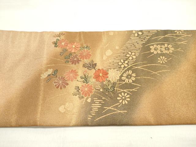 平和屋着物◎九寸名古屋帯 刺繍 草花文 金糸 金彩 正絹 逸品 DABE2001xg