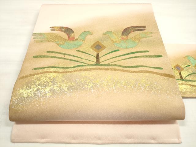 平和屋着物◎九寸名古屋帯 駒刺繍 向かい鳥文 金銀彩 正絹 逸品 DABE2004xg