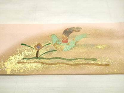 平和屋着物◎九寸名古屋帯 駒刺繍 向かい鳥文 金銀彩 正絹 逸品 DABE2004xg