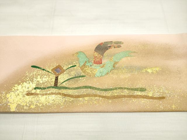 平和屋着物◎九寸名古屋帯 駒刺繍 向かい鳥文 金銀彩 正絹 逸品 DABE2004xg
