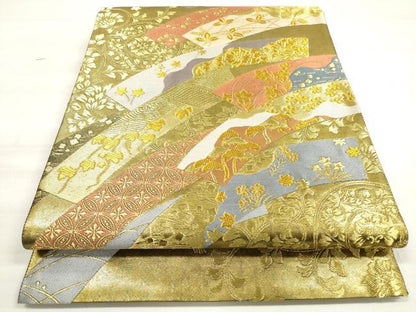 平和屋着物◎六通柄袋帯 唐草文 短冊花文 金糸 引箔 正絹 逸品 DABE2035xg