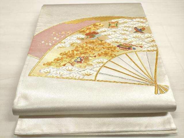 平和屋着物◎太鼓柄袋帯 駒刺繍 吉祥扇面松文 金銀糸 正絹 逸品 DABE2041xg