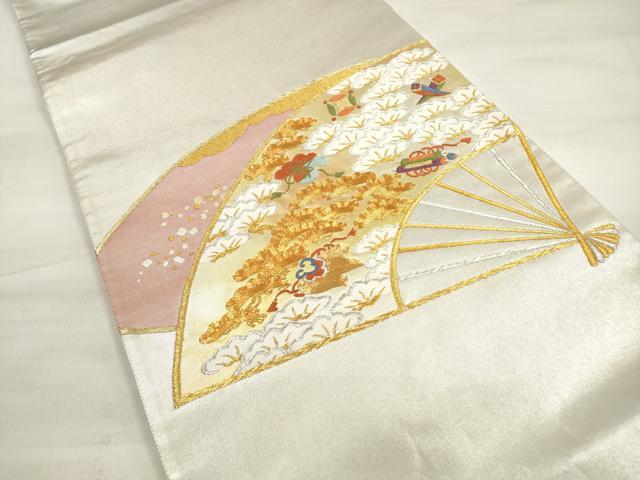 平和屋着物◎太鼓柄袋帯 駒刺繍 吉祥扇面松文 金銀糸 正絹 逸品 DABE2041xg