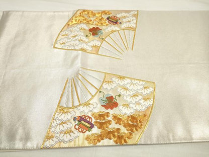 平和屋着物◎太鼓柄袋帯 駒刺繍 吉祥扇面松文 金銀糸 正絹 逸品 DABE2041xg