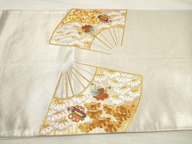 平和屋着物◎太鼓柄袋帯 駒刺繍 吉祥扇面松文 金銀糸 正絹 逸品 DABE2041xg