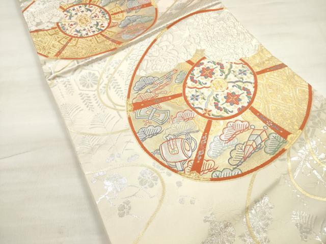 平和屋着物◎六通柄袋帯　唐織　花絵皿　吉祥花松文　金銀糸　正絹　逸品　DABE2052xg