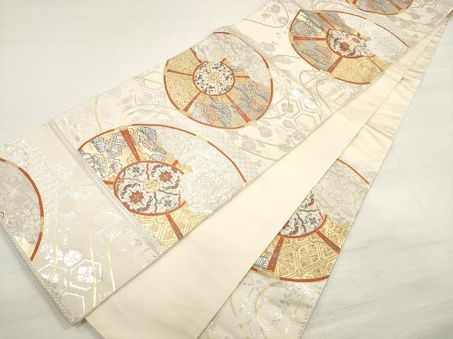 平和屋着物◎六通柄袋帯　唐織　花絵皿　吉祥花松文　金銀糸　正絹　逸品　DABE2052xg