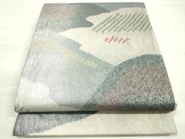 平和屋着物◎六通柄袋帯　絞り　重ね山文　銀彩　正絹　逸品　DABE2073xg
