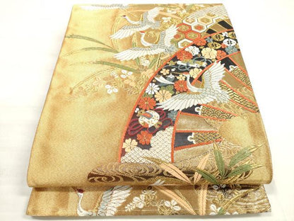 平和屋着物◎六通柄袋帯　唐織　吉祥片輪車花鳥文　金糸　正絹　逸品　DABE2090xg