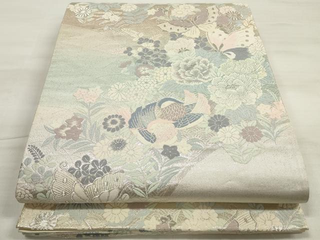 平和屋着物◎六通柄袋帯 唐織 花鳥舞蝶文 プラチナ箔 正絹 逸品 DABE2093xg