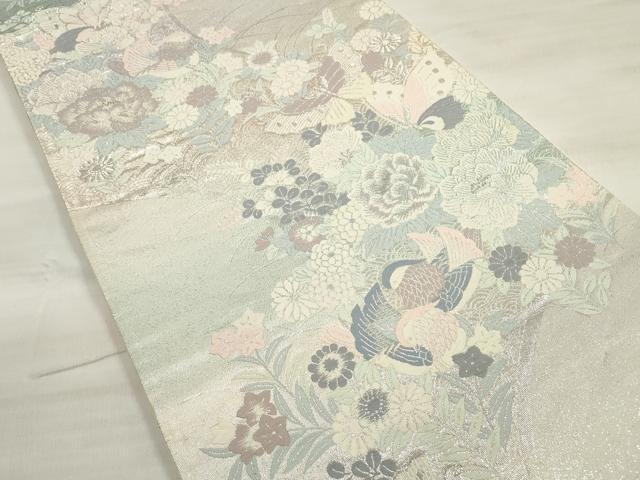 平和屋着物◎六通柄袋帯 唐織 花鳥舞蝶文 プラチナ箔 正絹 逸品 DABE2093xg