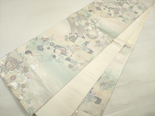 平和屋着物◎六通柄袋帯 唐織 花鳥舞蝶文 プラチナ箔 正絹 逸品 DABE2093xg